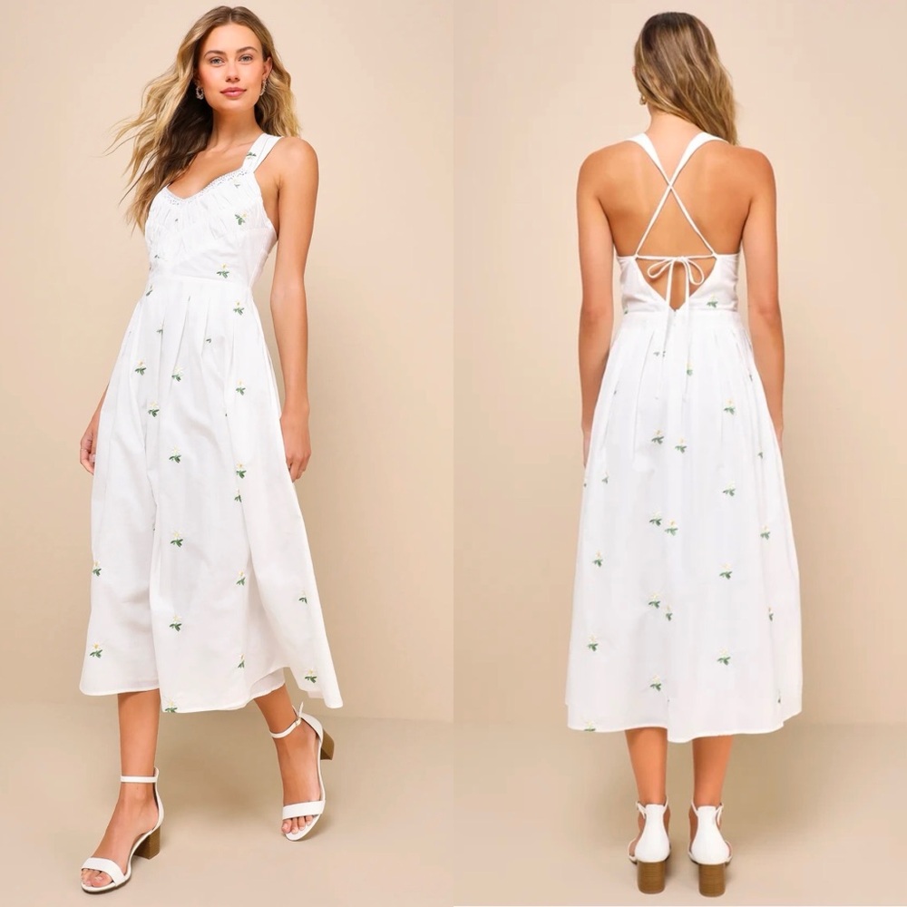 Lulus Delicate Excellence White Floral Embroidered Tie-Back Midi Dress